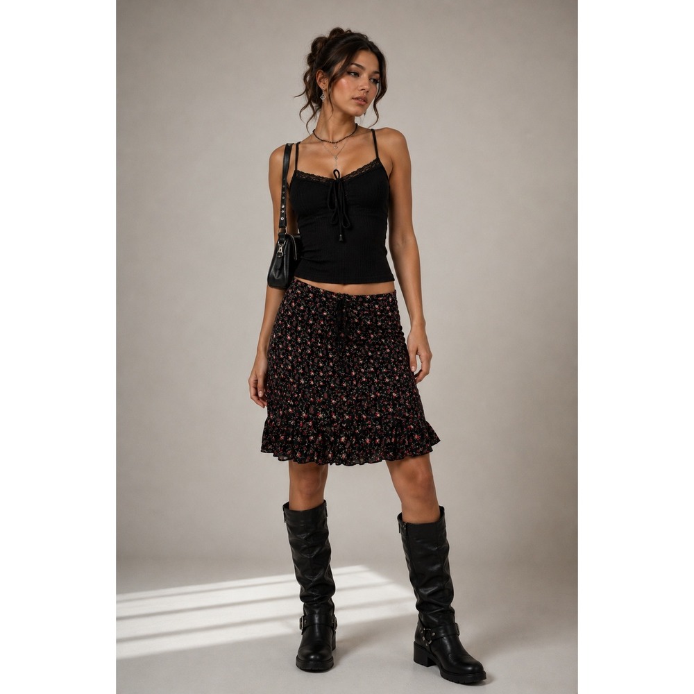 Xhilaration Mini Skirt L Black Vtg Y2K Floral Paisley Lace Up Dark Coquette